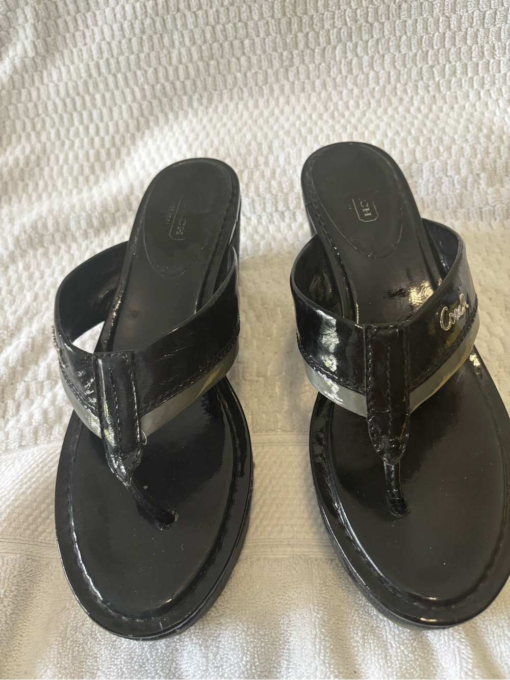 Coach Black Patent Leather Thong Sandals with Subtle Logo